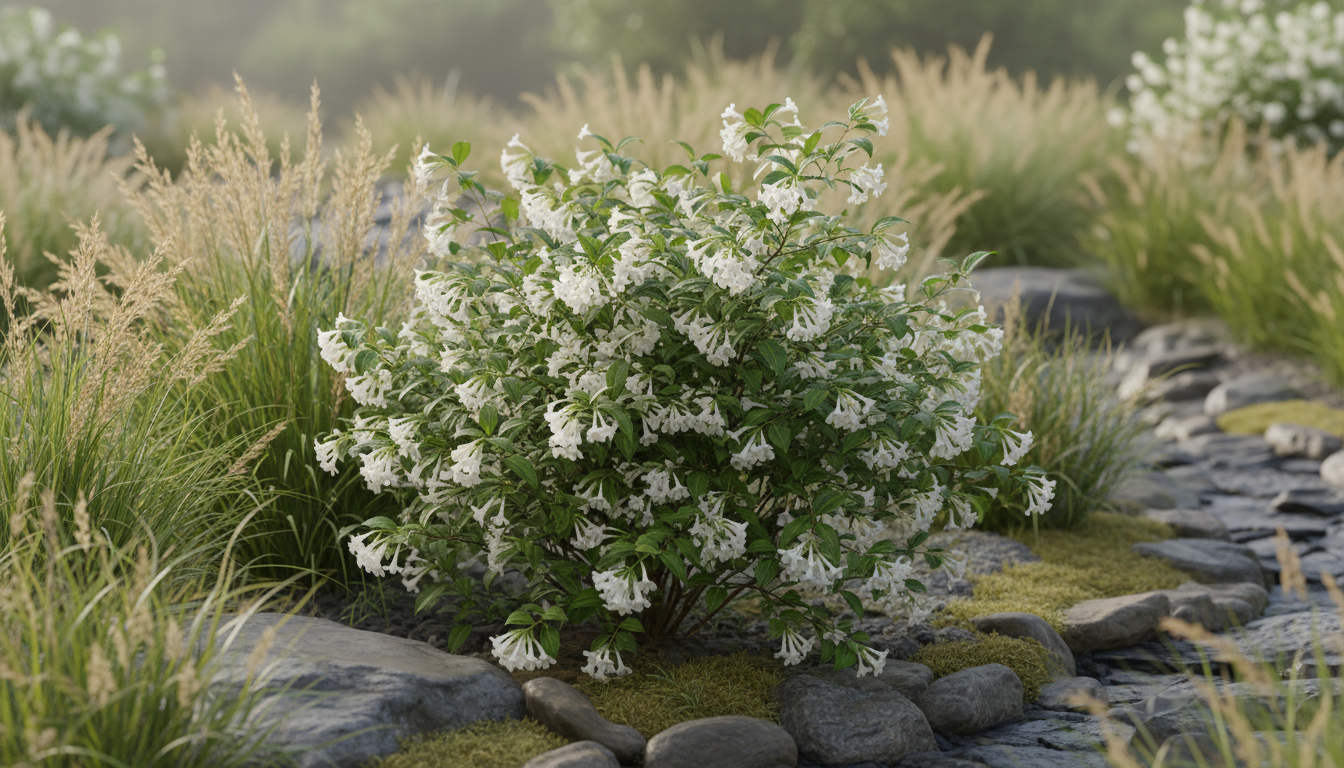 Абелия щитковидная (Zabelia corymbosa), в миксбордере с декоративными злаками