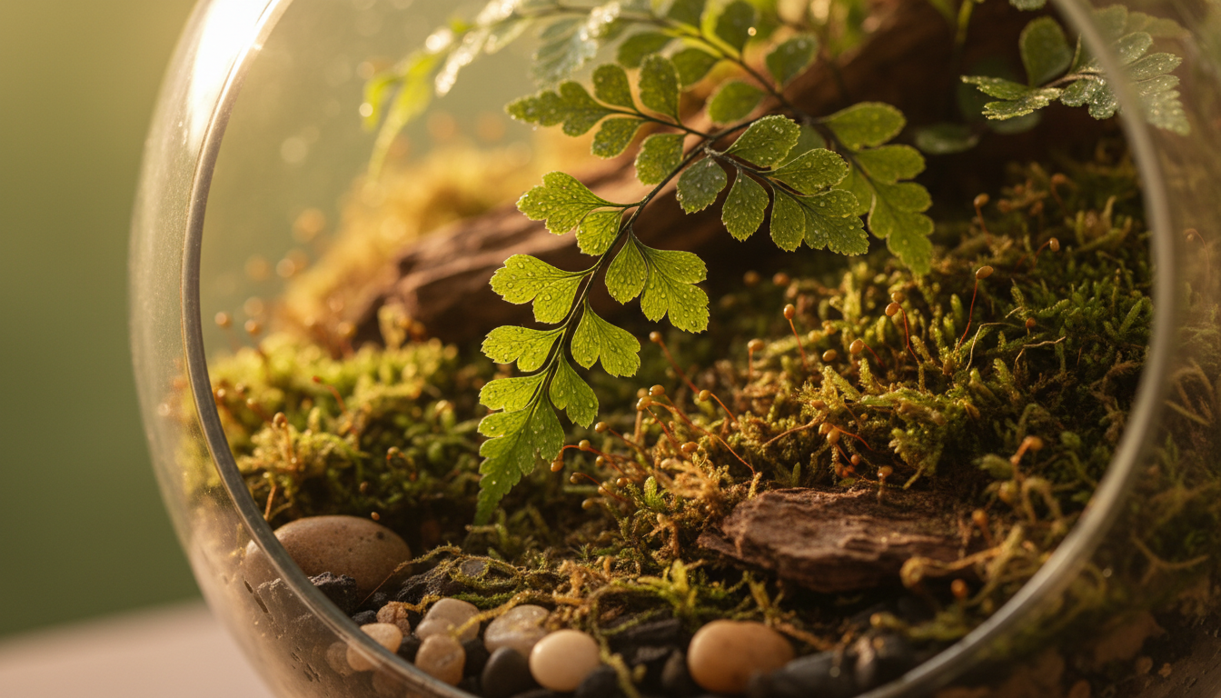 Адиантум (Adiantum), в стеклянном террариуме со мхом