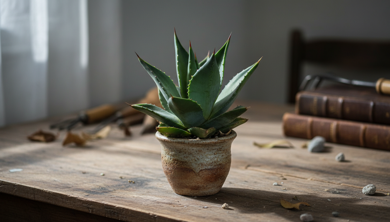 Агава Максимовича (Agave maximowicziana), крупным планом в авторском кашпо на столе