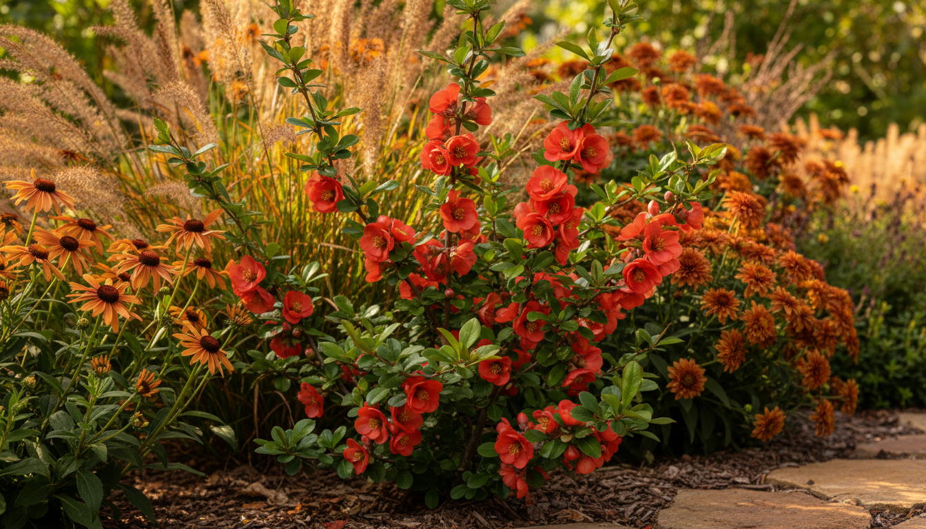 Айва японская (Chaenomeles japonica), в бордюре коттеджного сада
