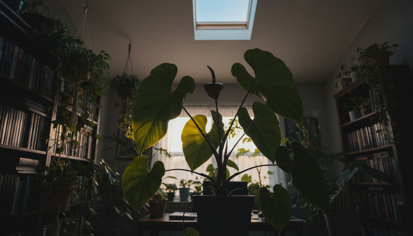 Антуриум Фаустомиранда (Anthurium faustomirandae), в светлом домашнем кабинете