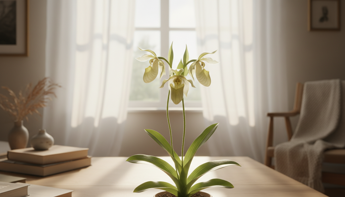 Башмачок калифорнийский (Cypripedium californicum), в контровом свете у окна