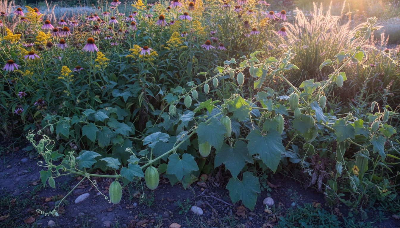 Бешеный огурец обыкновенный (Ecballium elaterium), в многолетнем миксбордере в вечернем свете