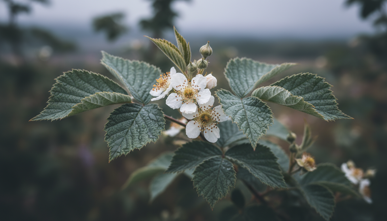 Ежевика медвежья (Rubus ursinus), крупный план цветущей ветки
