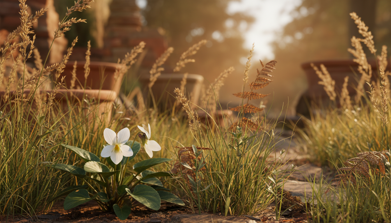 фиалка белая (Viola alba), в коттеджном саду среди декоративных злаков