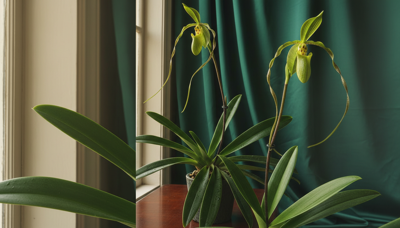 Фрагмипедиум длиннолистный (Phragmipedium longifolium), в элегантной композиции с шёлковым фоном