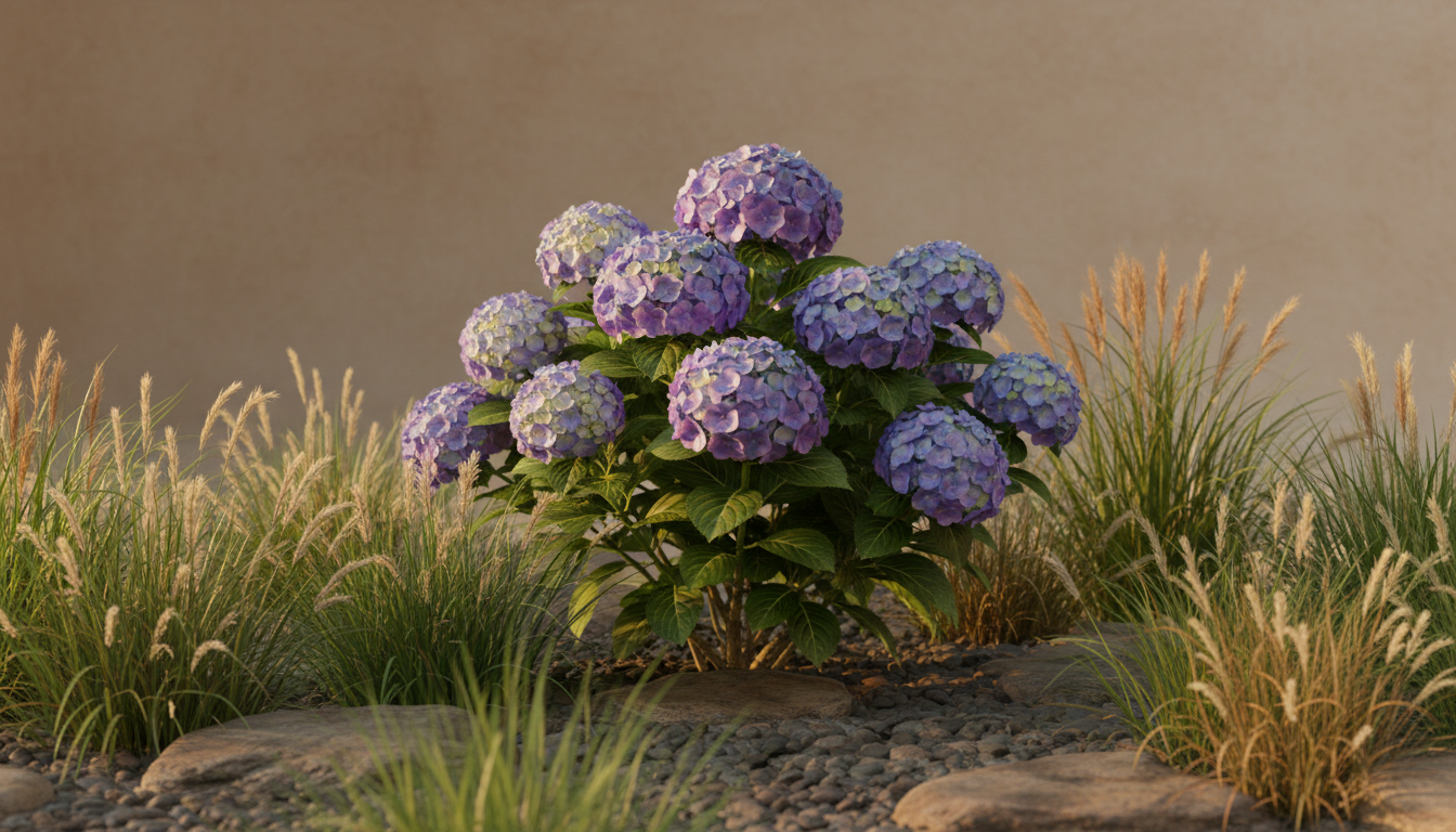 гортензия крупнолистная (Hydrangea macrophylla), в миксбордере с декоративными злаками