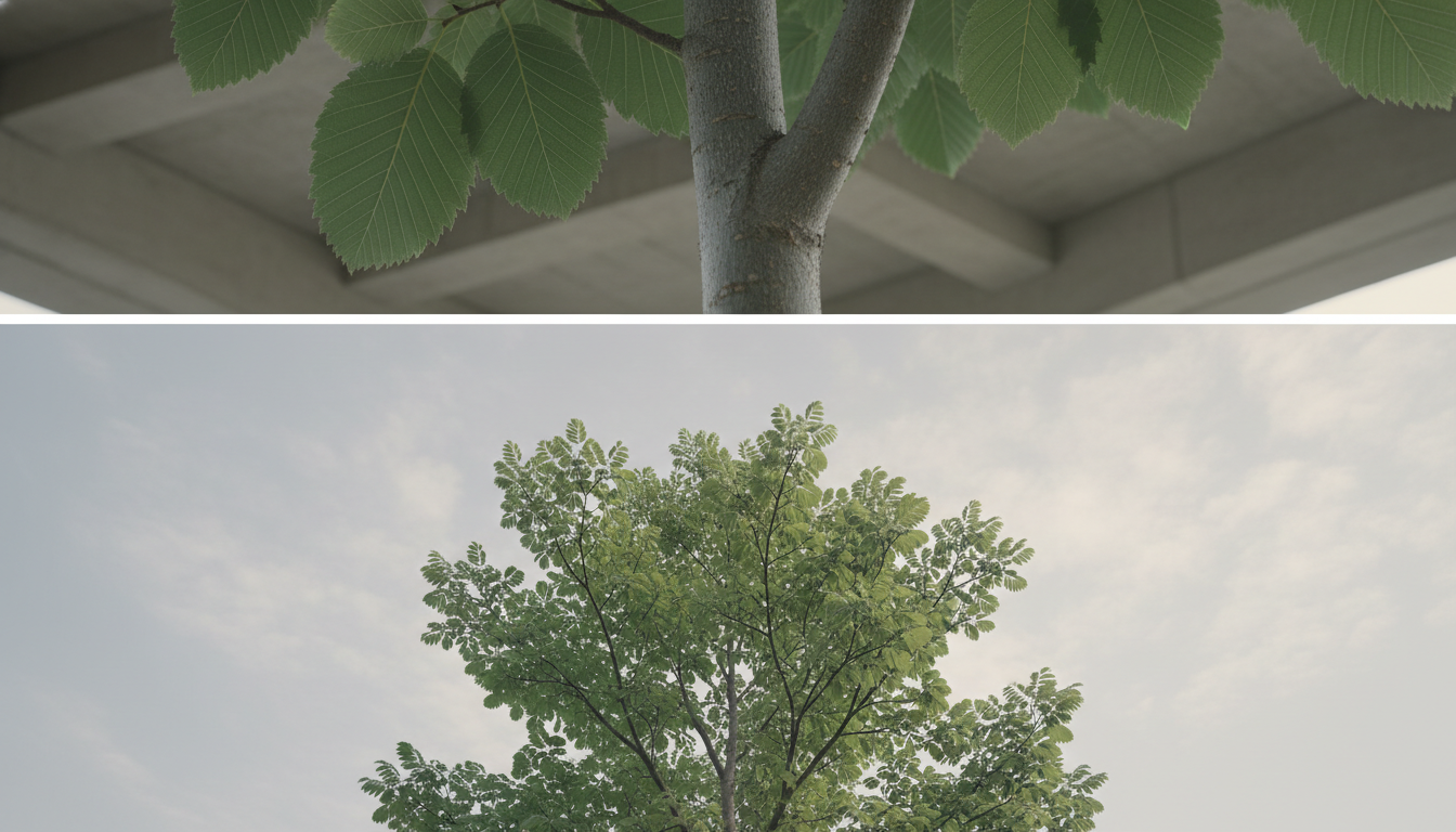 Граб Чоноски (Carpinus tschonoskii), крупный план листа и коры