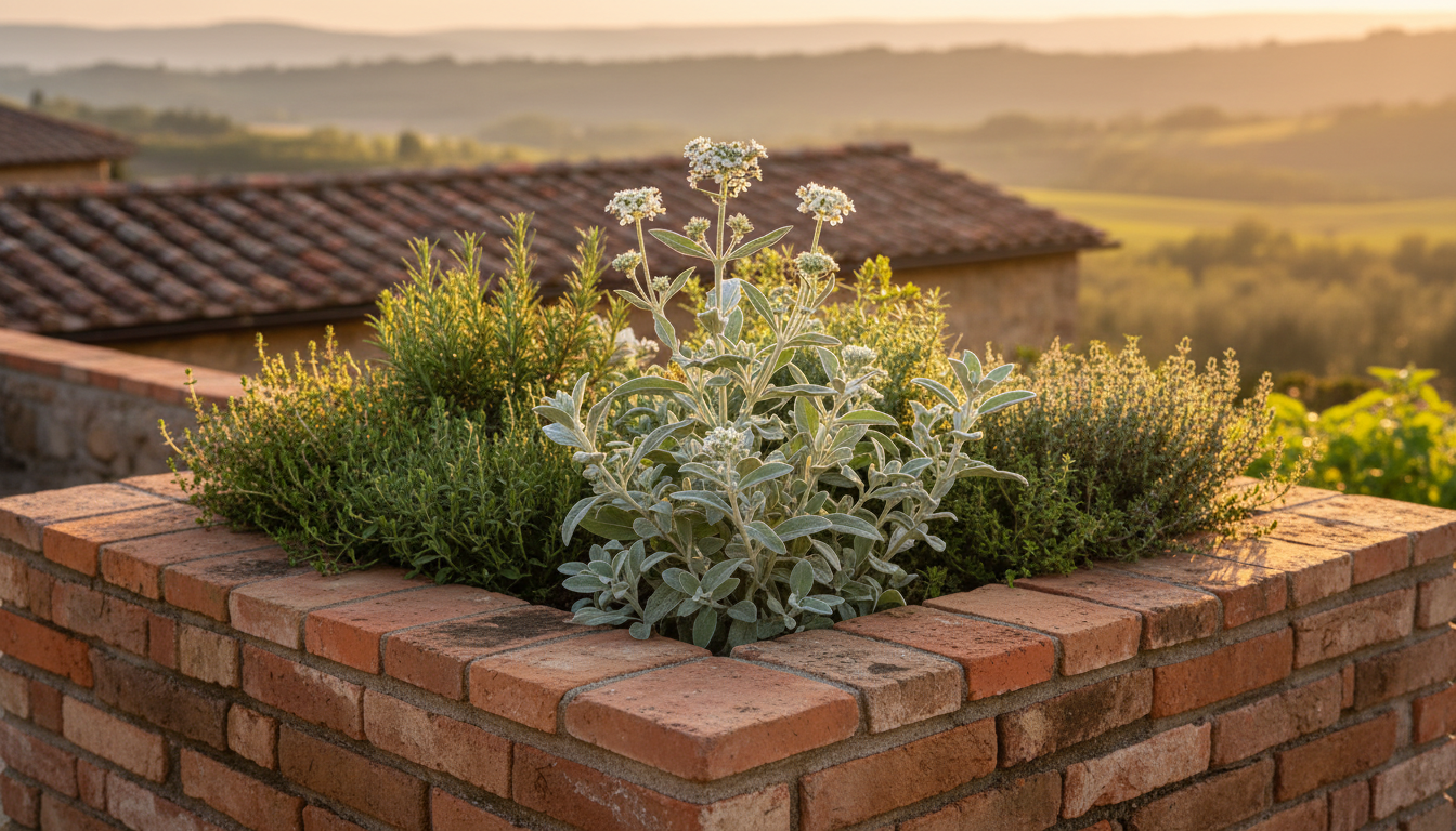 Икотник серый (Berteroa incana), приподнятая грядка с пряными травами