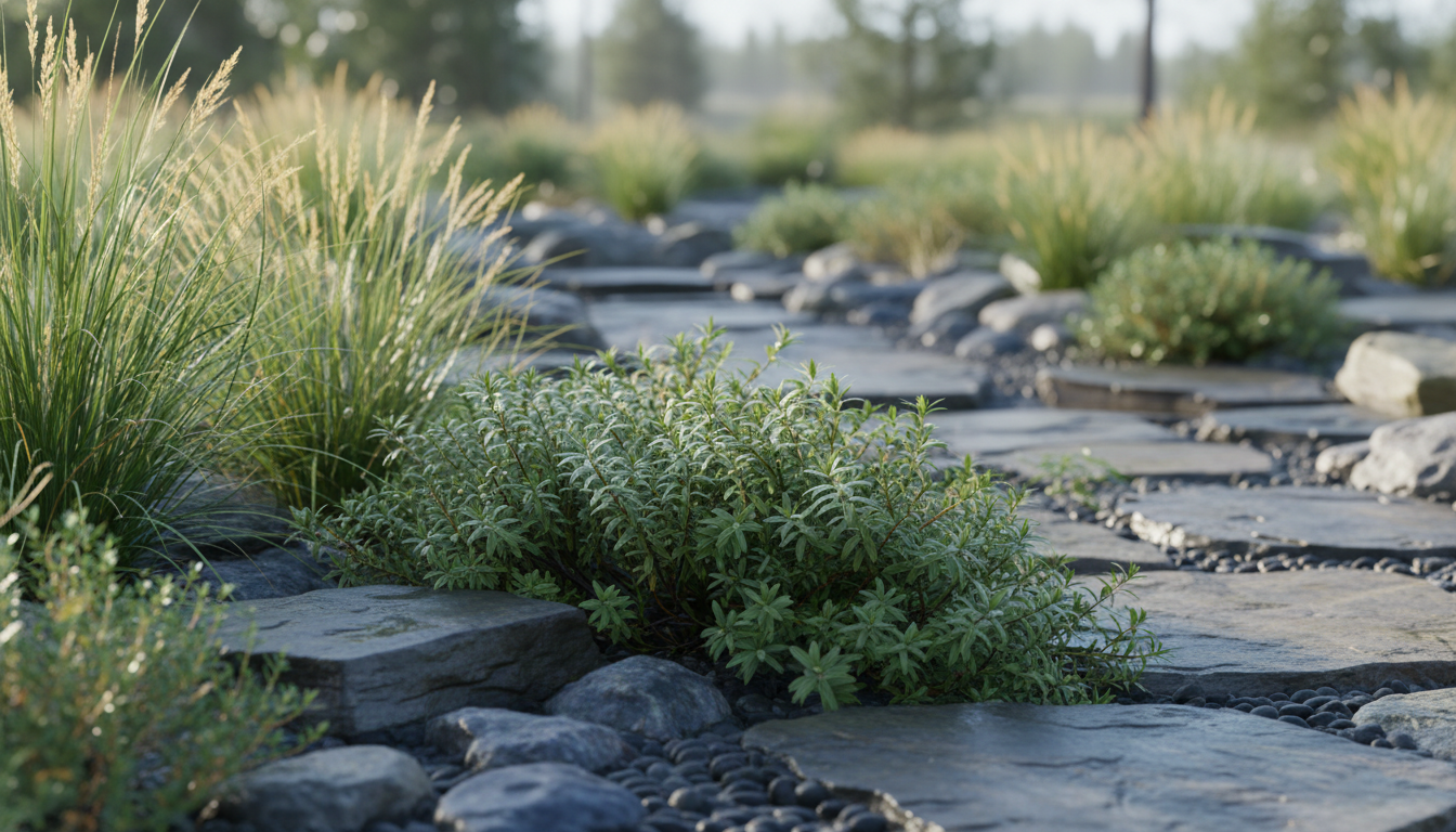 Кассиопея четырёхгранная (Cassiope tetragona), в миксбордере с декоративными злаками