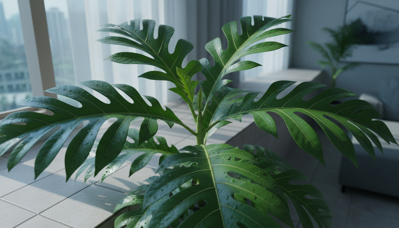 хлебное дерево (Artocarpus altilis), на солнечном подоконнике