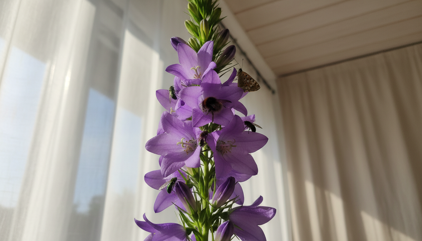 Колокольчик крупноколосковый (Campanula macrostachya), крупный план цветка с опылителями