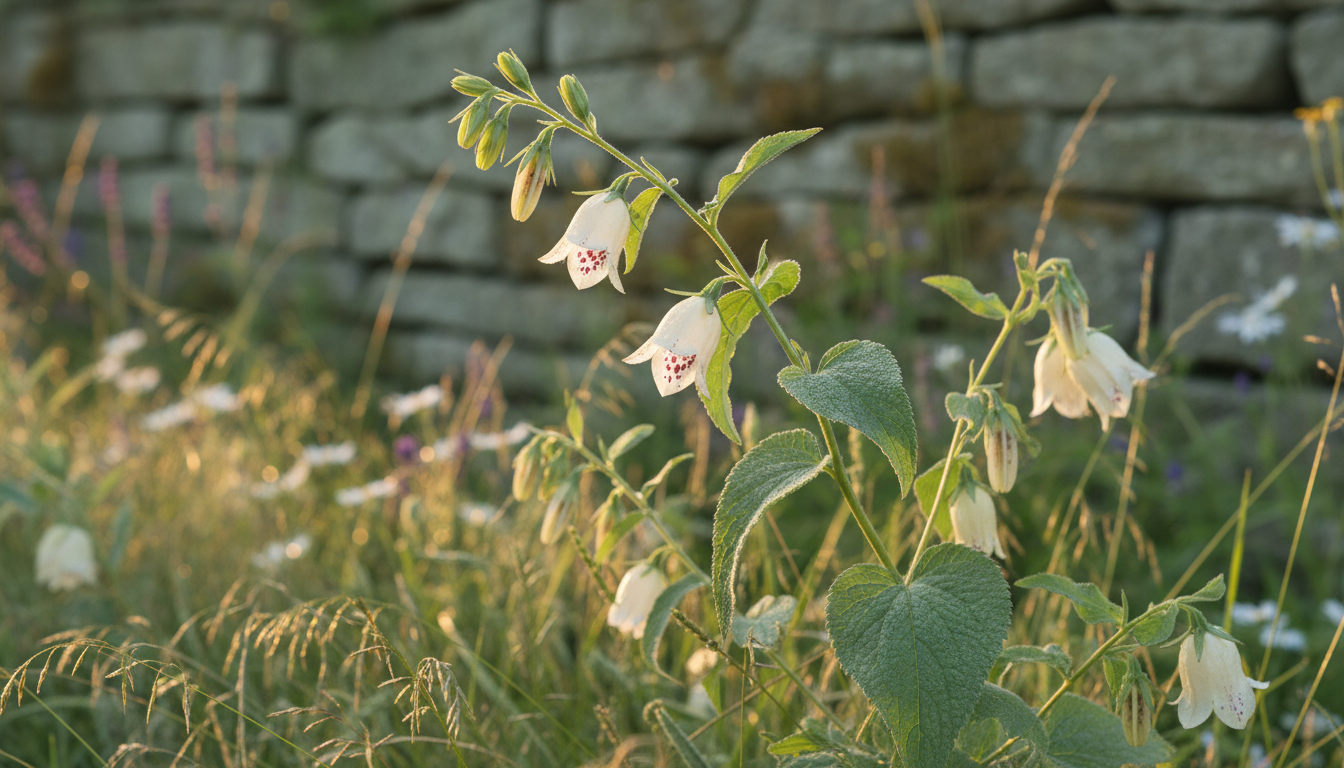 Колокольчик точечный (Campanula punctata), в коттеджном саду среди декоративных злаков