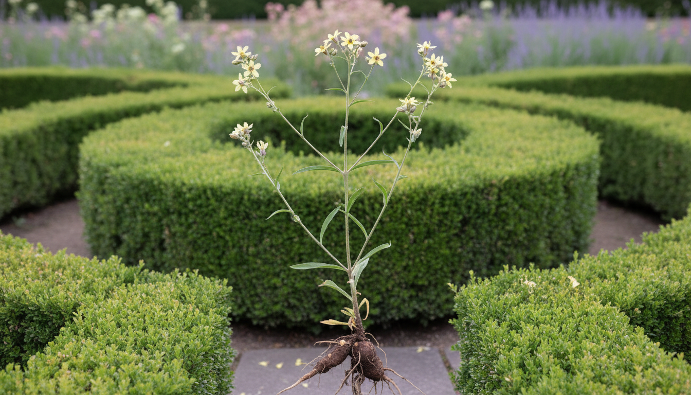 Козелец клубненосный (Scorzonera tuberosa), в английском саду у самшитовой изгороди