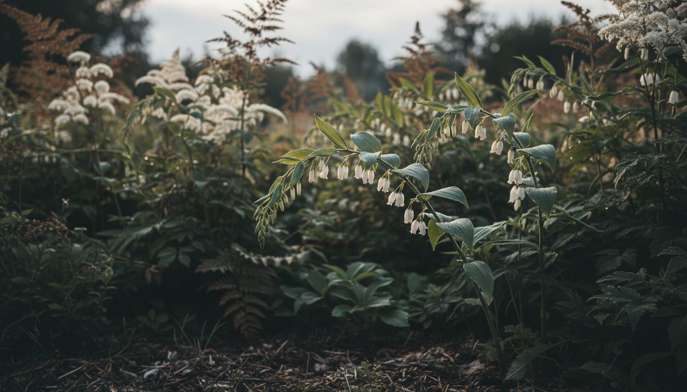 Купена мутовчатая (Polygonatum verticillatum), в многолетнем миксбордере в вечернем свете