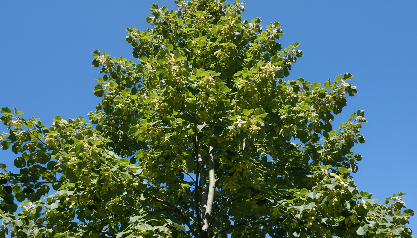 Липа маньчжурская (Tilia mandshurica), на фоне неба с плодами на ветвях