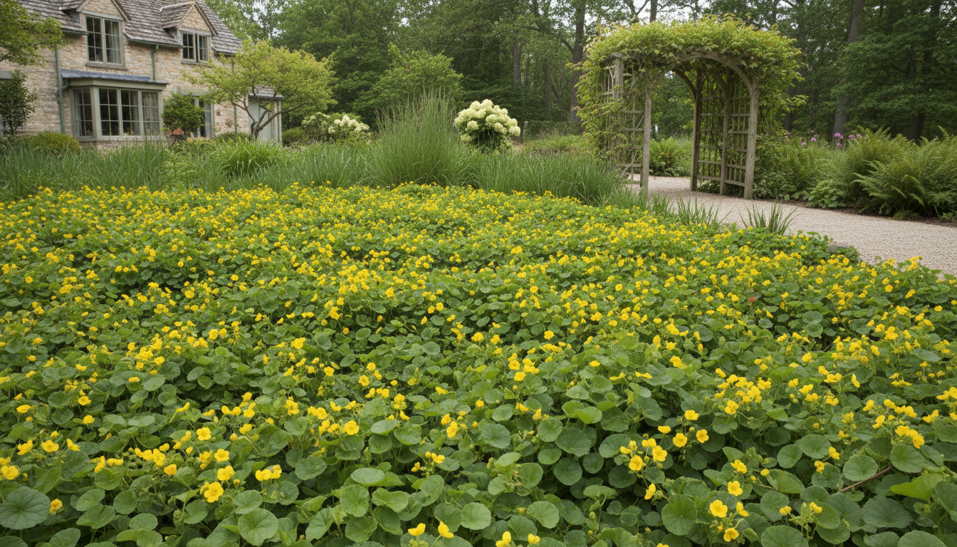 Луговой чай (Lysimachia nummularia), массивом в саду в стиле природного луга