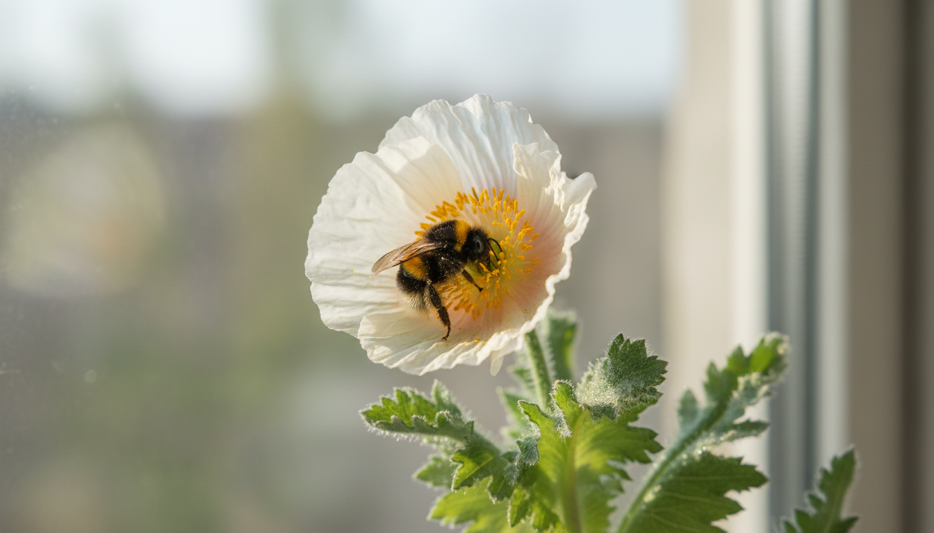 Мак якутский (Papaver jacuticum), крупный план цветка с пчелой