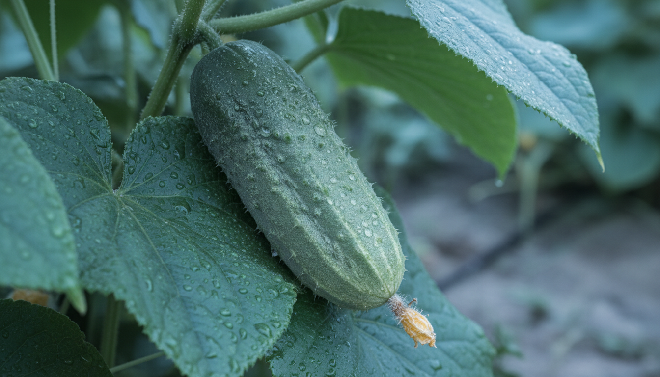 Огурец обыкновенный (Cucumis sativus), крупный план созревающих плодов с росой