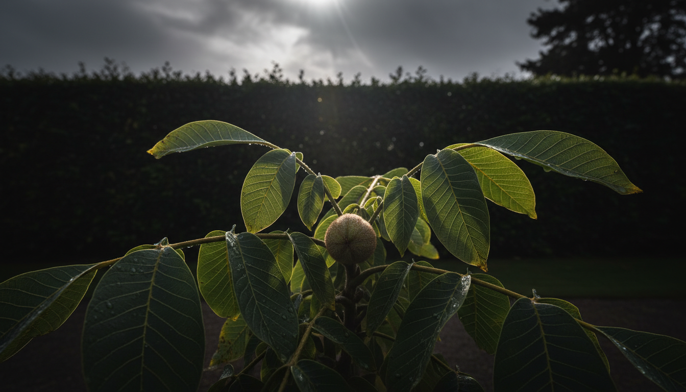 Орех грецкий (Juglans regia), в формальном саду у живой изгороди
