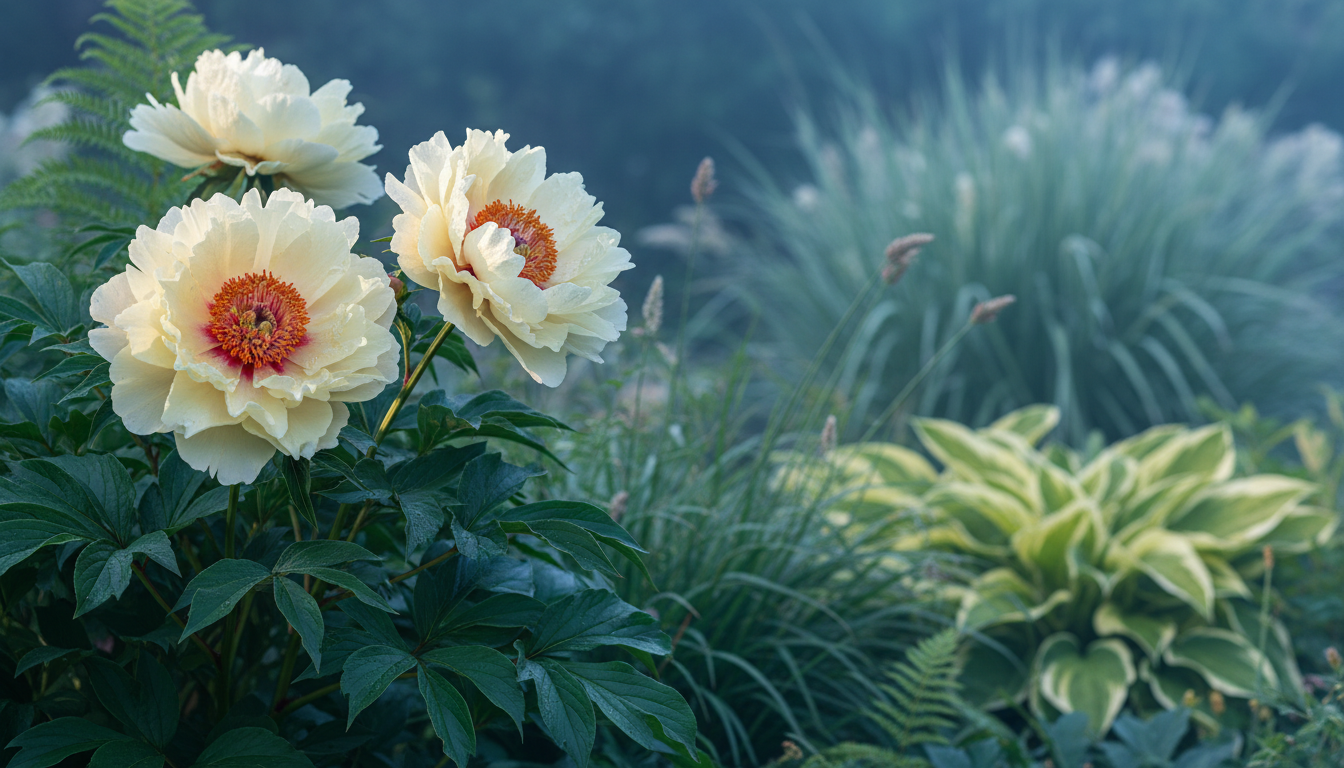 Пион крымский (Paeonia daurica), в многолетнем миксбордере в вечернем свете