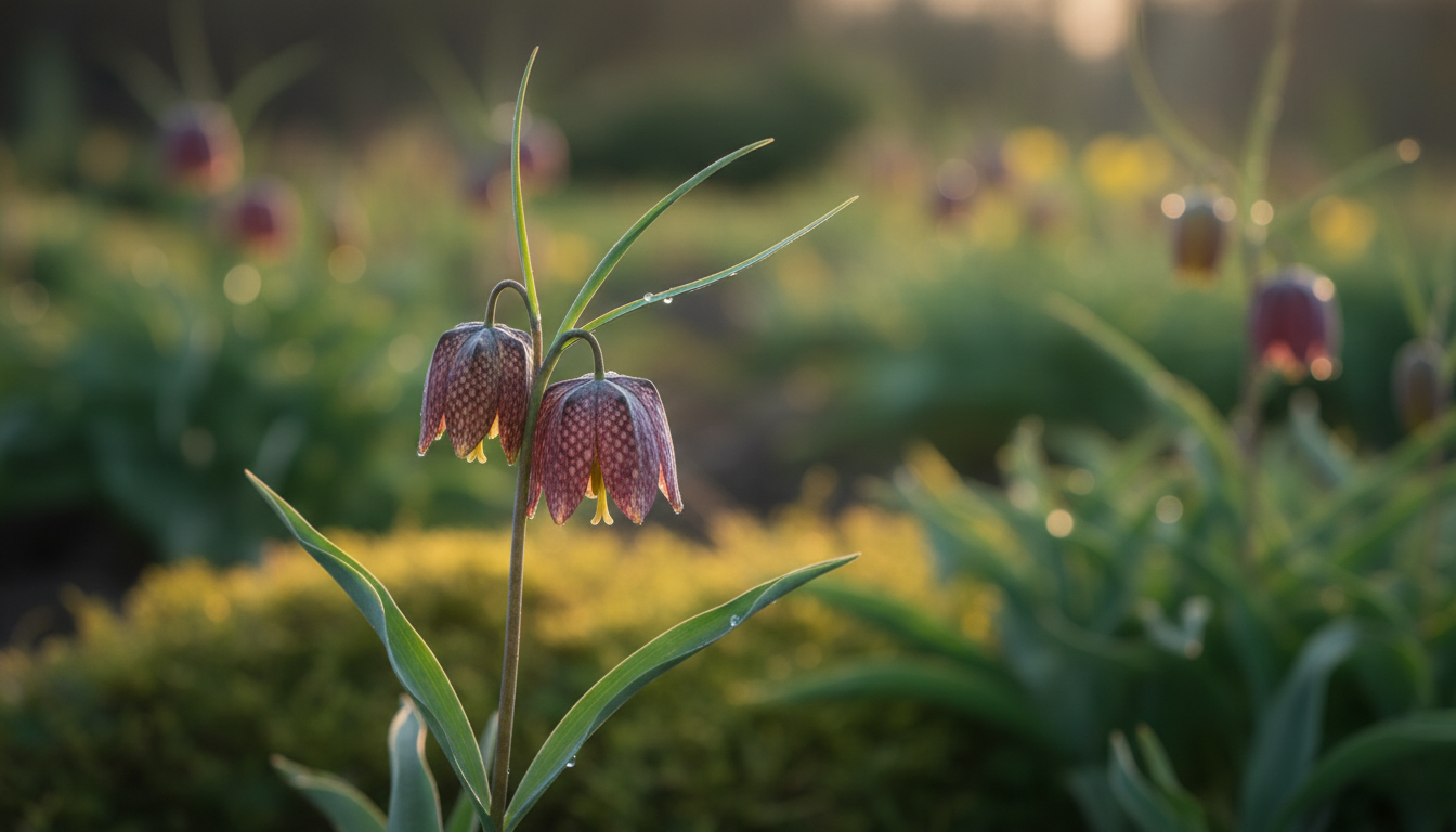 Рябчик дагана (Fritillaria dagana), в весеннем цветнике в полном цветении