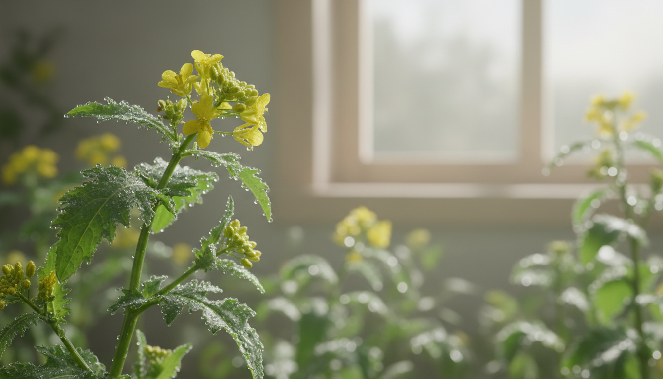 Сурепка прицветниковая (Barbarea bracteosa), утренняя роса на листьях в огороде