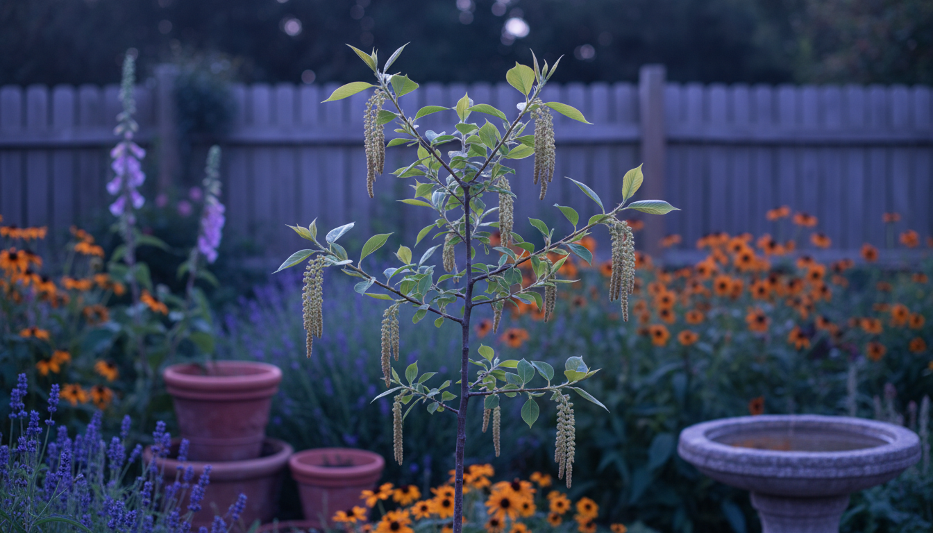 Тополь крупноплодный (Populus macrocarpa), в цветении среди бордюра коттеджного сада