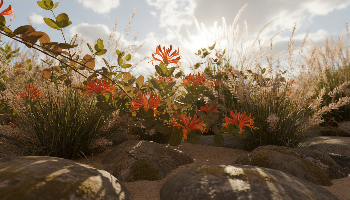 Жимолость реснитчатая (Lonicera ciliosa), в миксбордере с декоративными злаками